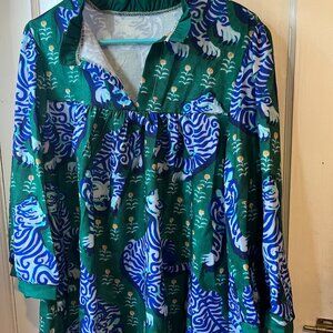 Womens' Blue and Green Blouse in with Tiger Motif Size L